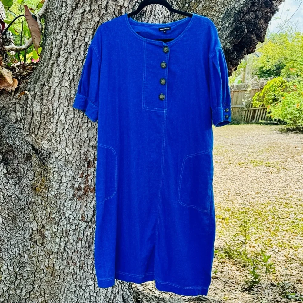 Who What Wear Blue 55% linen 45% cotton puff sleeve midi dress.2 pockets.Size XL